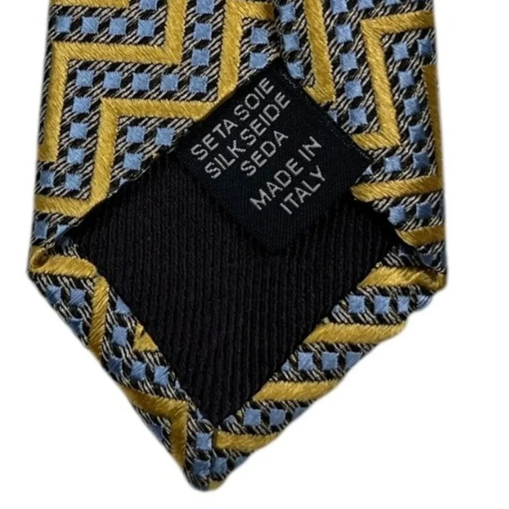 Ermenegildo Zegna Silk Tie Yellow‑Gold & Blue‑Gray Geometric Italy 3.3” x 58